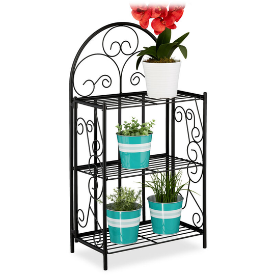 Relaxdays - Plant Stand, Flower Rack with 3 Shelves, Foldable, h x w x d: 83 x 44.5 x 25 cm, Metal, Black