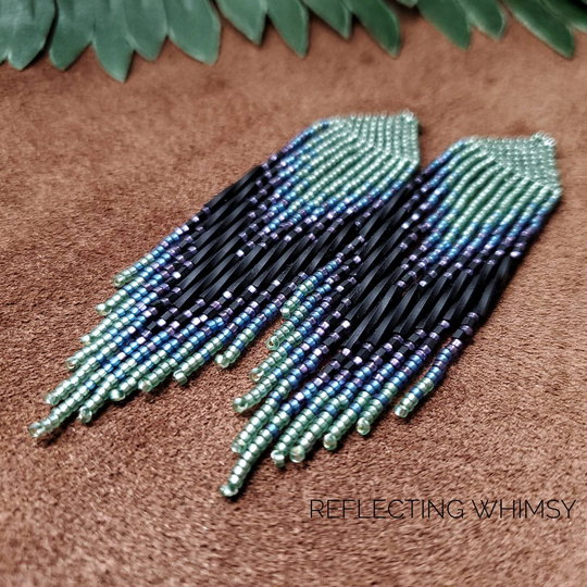 Obsidian + Rainbow, Seed Beaded Fringe Earrings