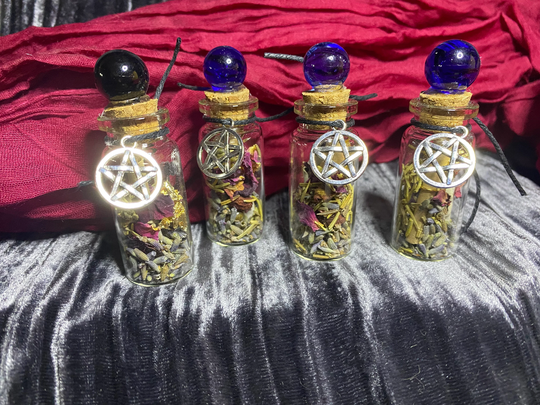 Intention Jars Set Of 4 With Scrolled Paper Pentagram Charm, Select Herbs, Gemstones & More | 102