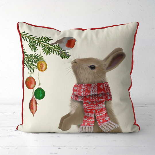 Rabbit Christmas Pillow Cover, & Robin Cushion, Cute Animal Festive Decoration, Holiday Season Gift Buying, Hare & Bird