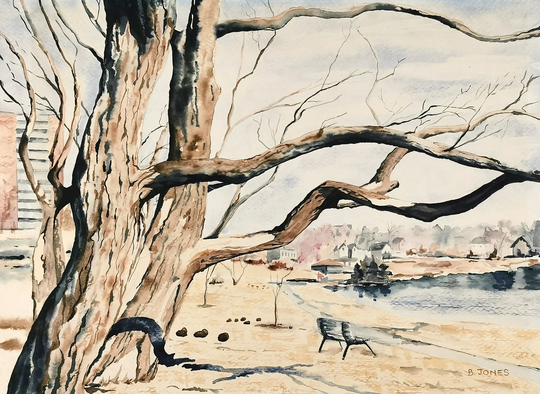 Vintage Watercolor, Watercolour On Paper, Winter Scene, Leafless Tree, Park Bench, Brown Tones, Wall Feature, B Jones, Seasonal Painting