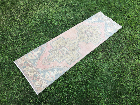 Pink Oushak Runner, Vintage Runner Rugs, 2x8 Turkish Narrow Rug, Entry Bathroom Rug With Green 2'4"x7'11