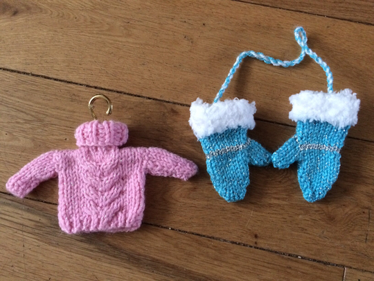 Hand Knitted Christmas Tree Decorations - Sweater On Hanger & Cute Mittens Seasonal Decor Miniatures