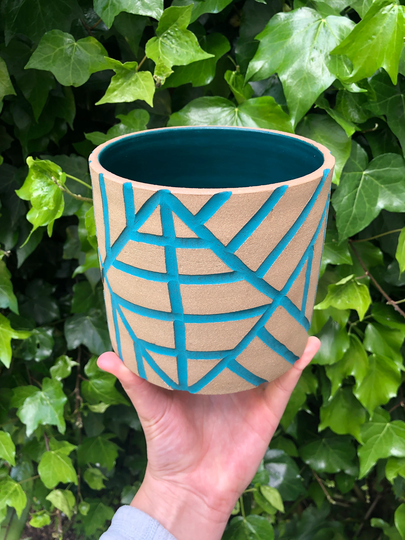 Large Diagonal Carved Ceramic Planter - Made To Order Brown & Blue Green 6x6 Inches