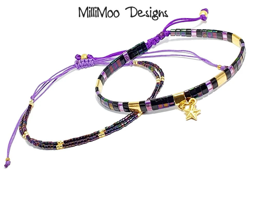 Ladies Tila Bead & Miyuki Seed Bracelet Set, Stacking Bracelet, Purple Tile Gold, Boho. Star