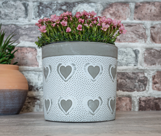 Ceramic White & Grey Hearts Design Indoor - Outdoor 13cm Round Plant Pot Home Planter Succulent