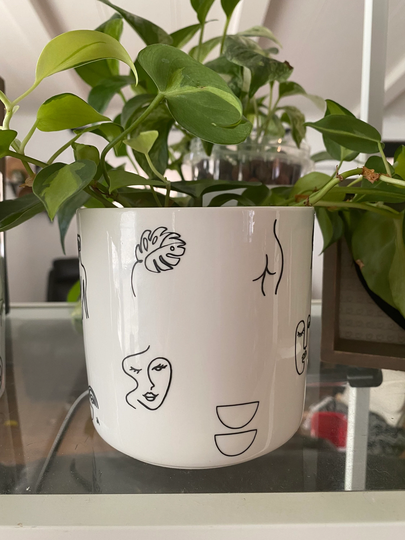 Cylinder White Ceramic Planter Female Body Line Art Abstract Pot, Modern For Succulent Or Indoor Plants