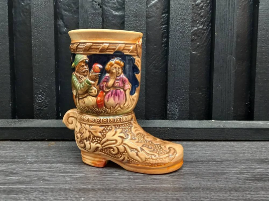German/Austrian Ceramic Salt Boot. Traditional European Scene
