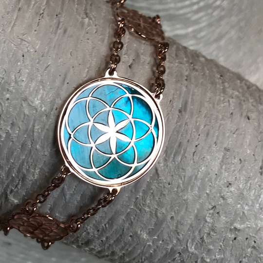 Seed Of Life Bracelet in 18 Carat Rose Gold On 925 Silver & White Mother Pearl Background, Sacred Geometry Spiritual, Yoga Gift