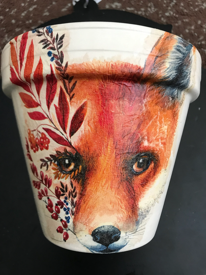 Fox Plant Pot , Decoupaged Pots , Garden Gifts Fox & Berries Flower Pots, Gifts, Autumn Leaves , Fox