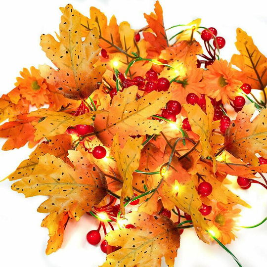 Monly - Herbstgirlande, 2m Ahornblatt Lichterkette mit 20 LEDs 26 Blätter 7 Blumen 6 Fruchtbüschel Herbstdekoration für Herbst Weihnachten und