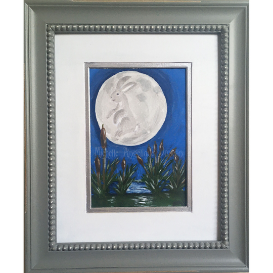Original Paintng Framed 8x10 Rabbit On The Moon Bunny Hare Creek Cattails Pagan Art Mythology Wall Hanging Animal Illustration Fantasy