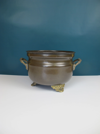Antique Bronze Three Footed Planter. Three Legs & Two Handles Or Hanging Hooks. Great Patina A Good Size. 7 Inch Diameter