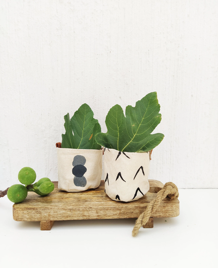 Set Of 2 Succulent Planters, Handprinted Fabric Plant Covers, Canvas Indoor Pouch, Small Pot Holders