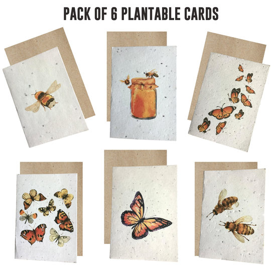 Plantable Seed Cards, Bee & Butterfly Illustrated Greetings Card, Blank Cards, Paper Eco Friendly Card Pack Handmade