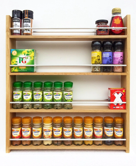 Oak Spice Rack 4 Shelf Deep Shelves For Jars Bottles Packets Wall Mounted Wood Kitchen Storage Organiser Handmade Bespoke - Up To 57cm Wide
