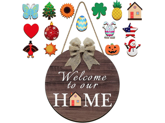 Wooden Seasonal Welcome Door Sign Interchangeable To Our Home Round Wood Hanging Front With Burlap Bow With(Brown