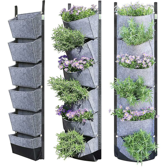 Vertical Grow Bag, 6 Pockets, Indoor Outdoor Wall Hanging Grow Bag for Flowers, Herbs, Succulents and Strawberries - Gray 1 Piece