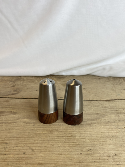 Vintage Danish Pair Of Stainless Steel & Teak Cruet Set - Salt Pepper Good Condition