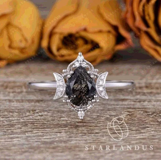 1Ct Black Rutilated Quartz Engagement Ring Crystal White Gold Unique Moon Salt & Pepper Pear Plain