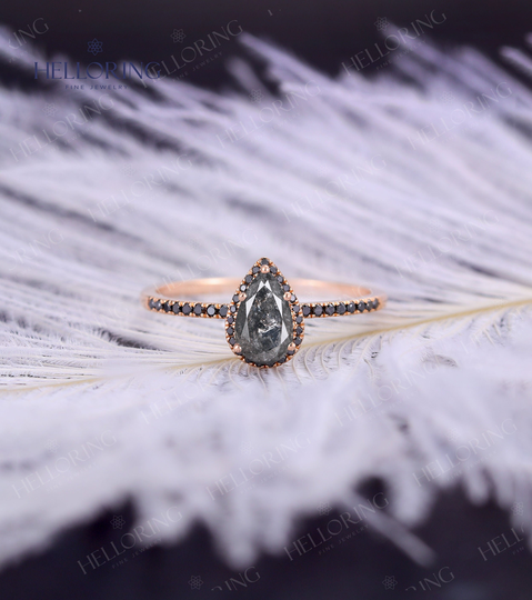 Pear Salt Pepper Diamond Engagement Ring Rose Gold Black Wedding Vintage Halo Half Eternity