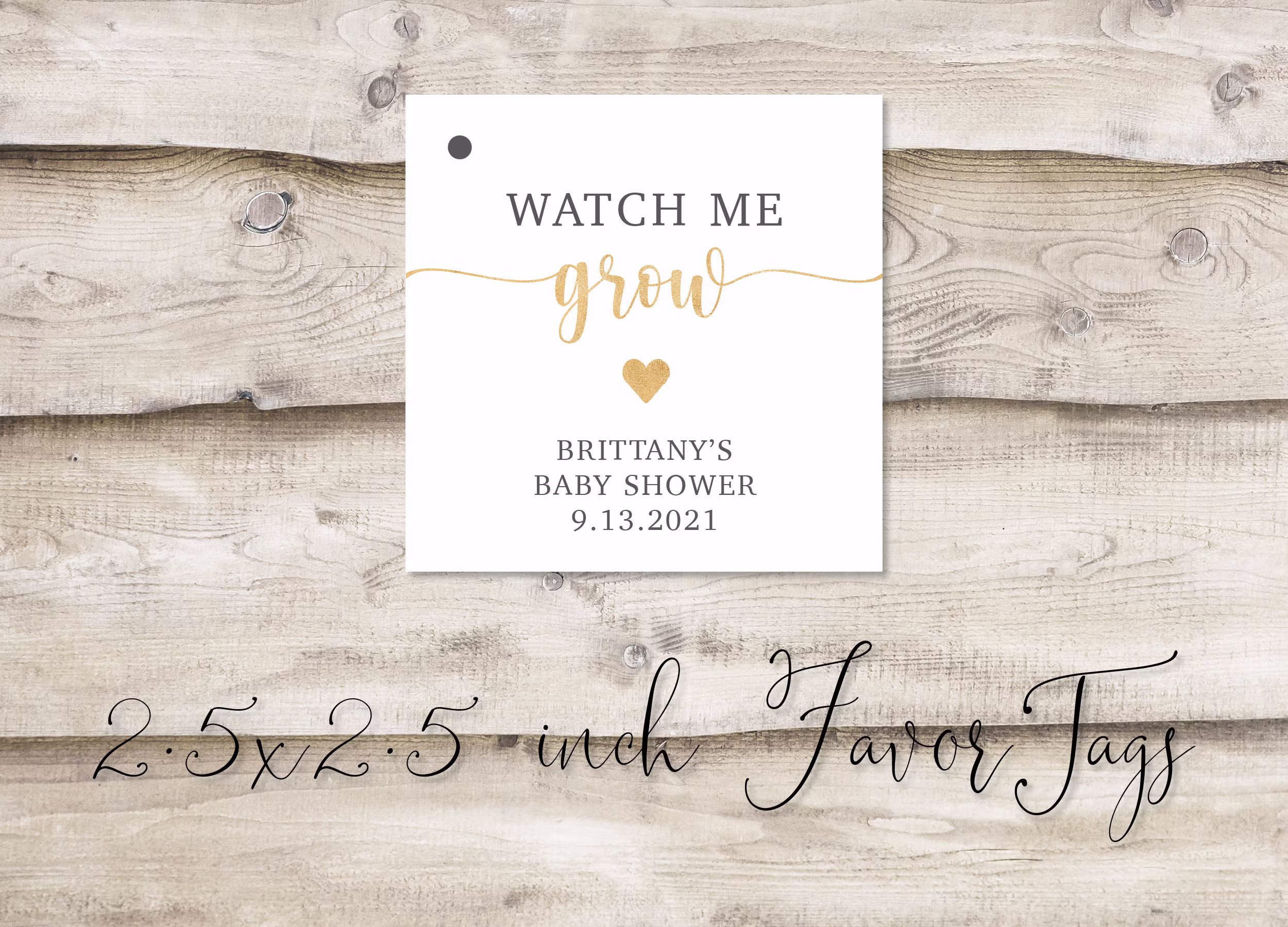 Faux Gold Watch Me Grow Succulent Favor Gift Tag For Baby Shower, Couples Flower Pot Hole-Punched Tags, Tags Seed Packet