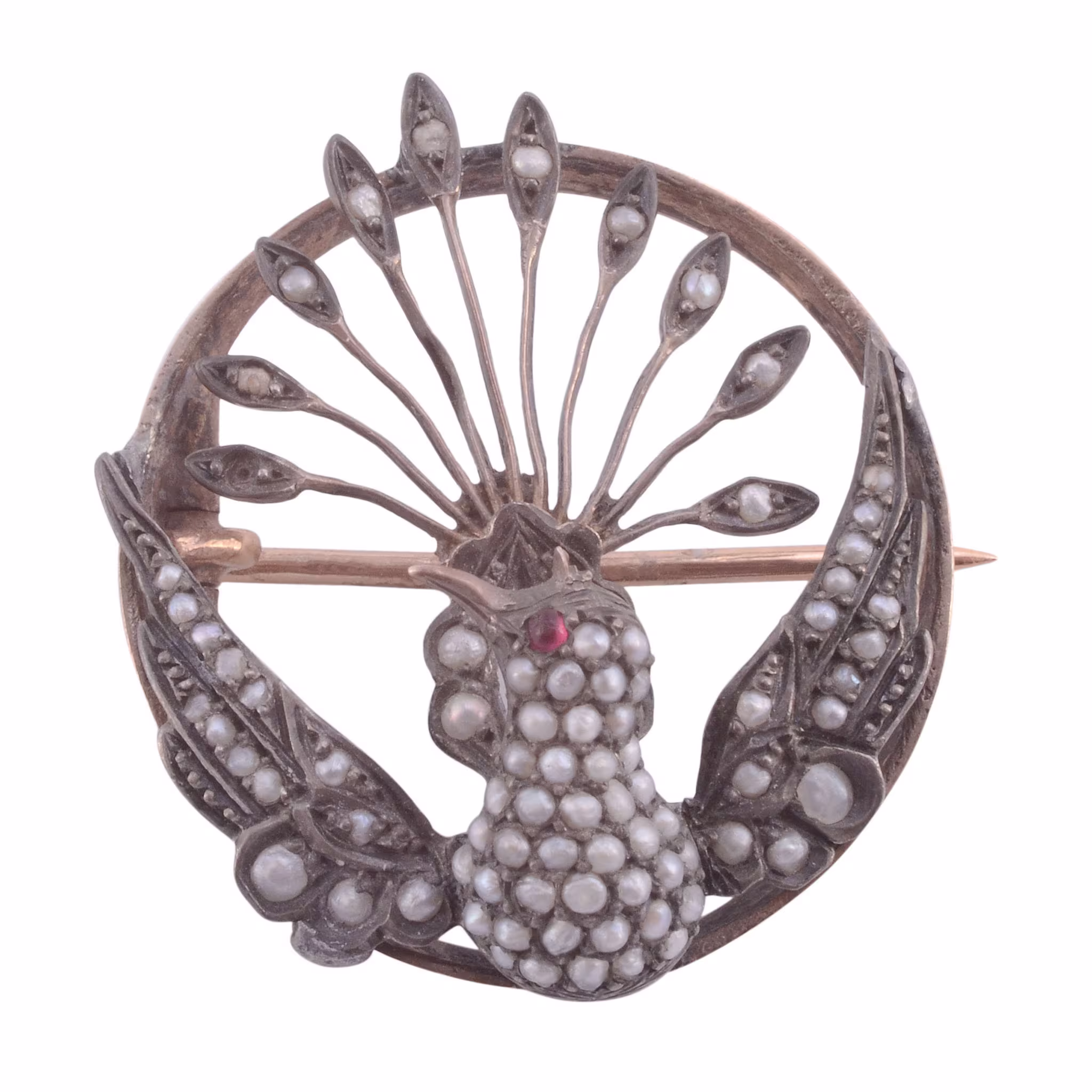 Seed Pearl Peacock Rose Gold Pin