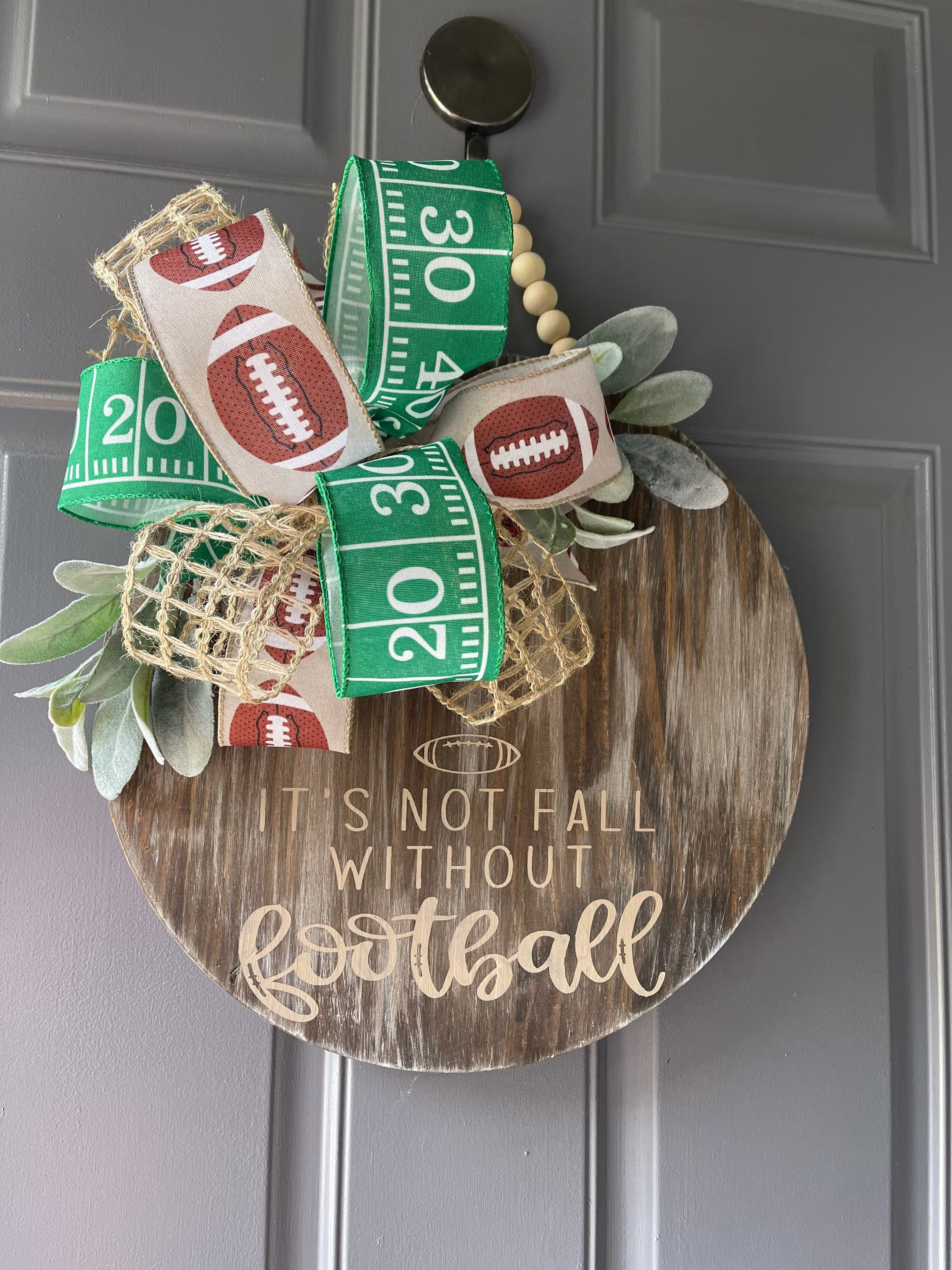 Fall Autumn Wooden Door Circle | Football Sports 15 Inch Bow Front Decor Season
