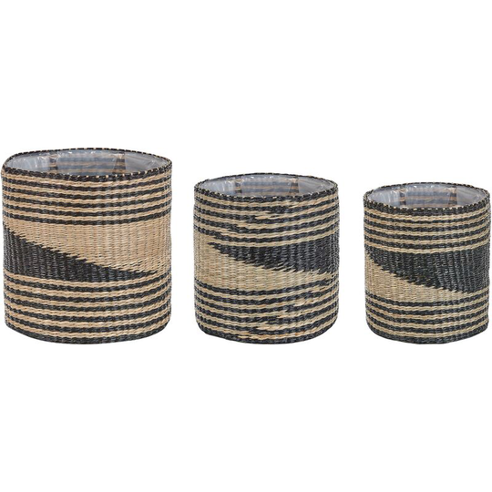 Set of 3 Seagrass Plant Baskets Planter Pots with Lining Natural Rattail - Natural