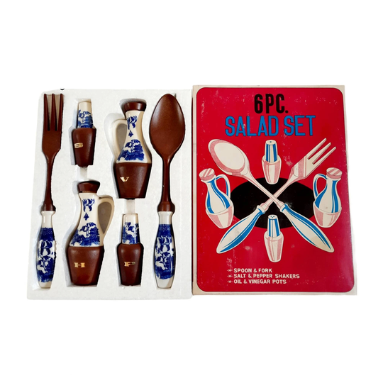 Vintage Salad Set, Willow Pattern Ceramic, Boxed Unused, French Dining, Salt & Pepper Shakers, Vinegar Jar, Oil Serving Fork & Spoon