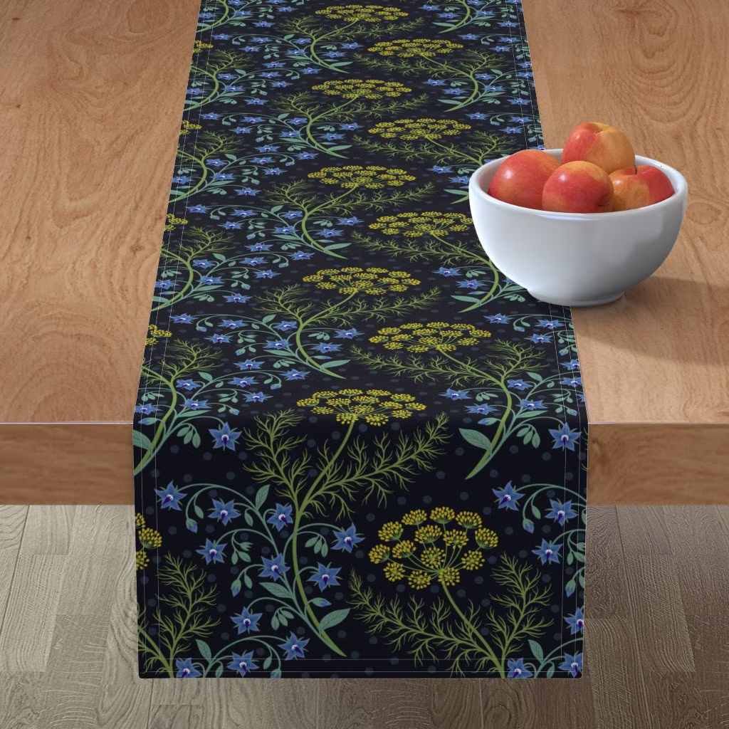 Dark Botanical Table Runner - Dill & Starflowers By Ekpdesign Herb Garden Yellow Blue Cotton Sateen Spoonflower