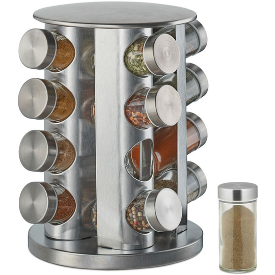 Relaxdays Spice Rack, 16 Glass Jars, Rotatable, Stainless Steel, H x D: approx. 28 x 22 cm, Silver