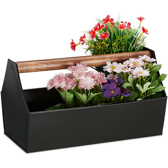 Zinc Box With Wooden Handle, Decor - Tool Box, Flowers & Herbs, Balcony, Planter, Galvanized Iron, Black - Relaxdays