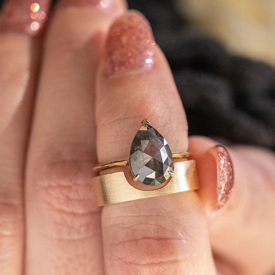 2.5Ct Iced Rose Cut Pear Salt & Peppers Moissanite Diamond Ring 14K Yellow Engagement Vintage Wedding 14K Gold Bridal Set