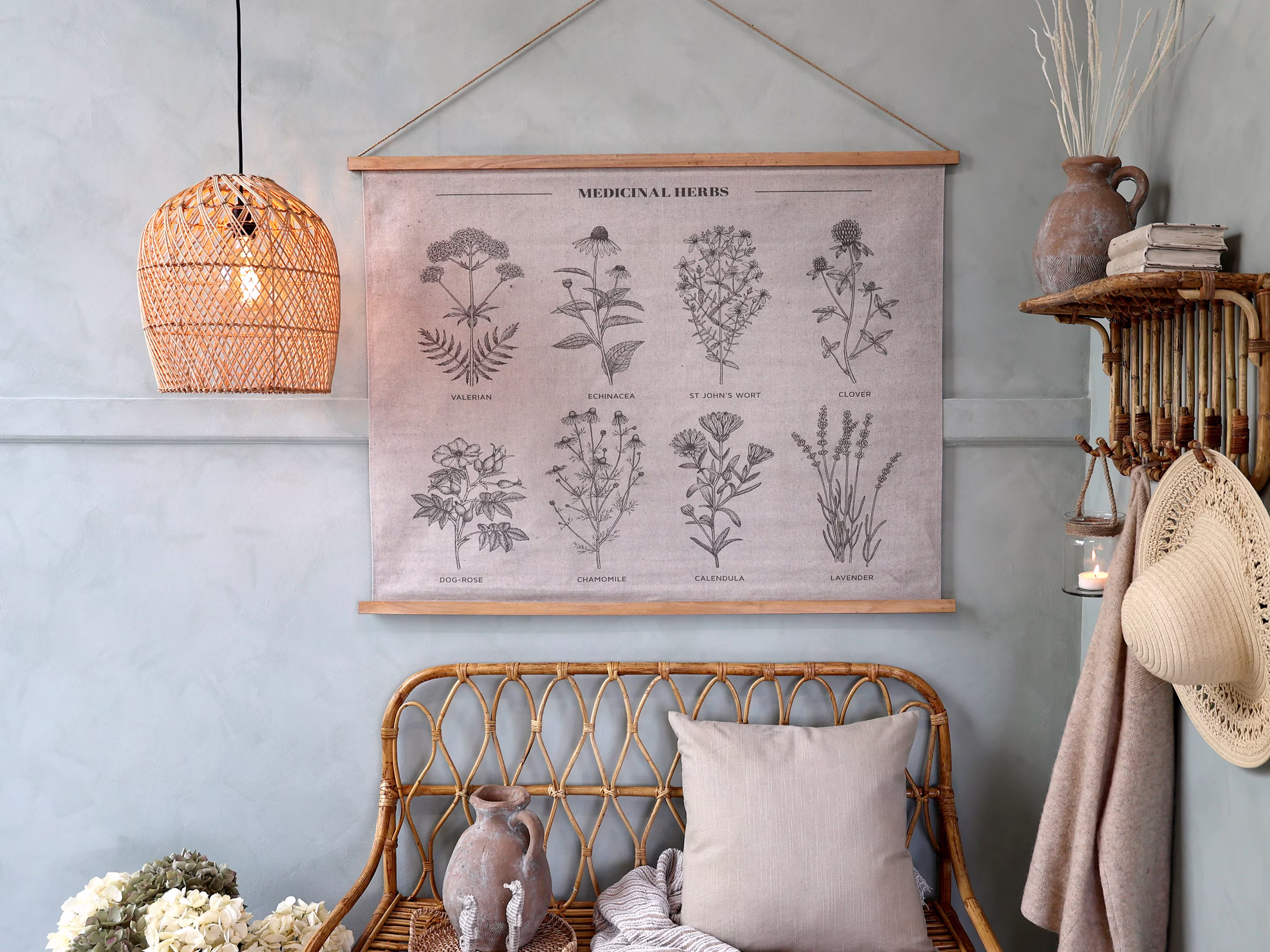 Medicinal Herbs Wall Hanging Canvas - Decorative Botanical Print On Jute String & Fir Wood Poles Fabric Plant Art Boho Hung Picture