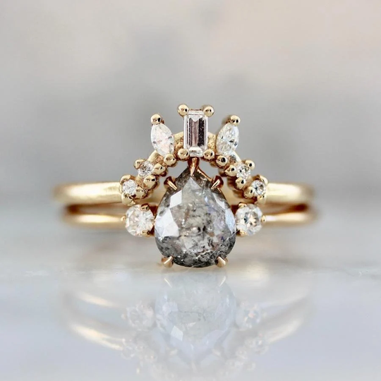 1.2Ct Natural Salt & Pepper Diamond Pear Rose Cut Ring Set 18K Solid Yellow Gold Handmade Set, Wedding Ring, Anniversary Gift