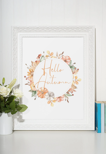 Hello Autumn Print Pumpkin Design Wreath A4 Seasonal Autumnal Décor Wall Art