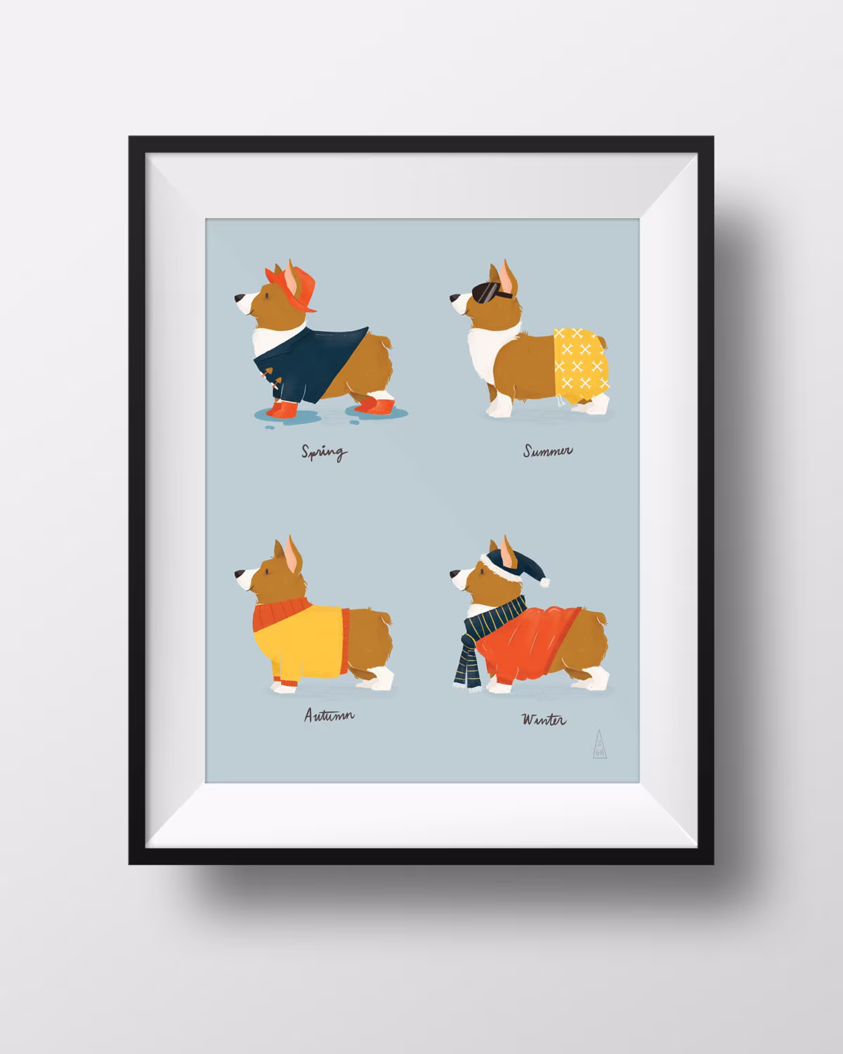 Fine Art Dog Print - Seasonal Corgi Illustration Cute Pembroke Spring, Summer, Autumn, Winter Kids Room Nursery