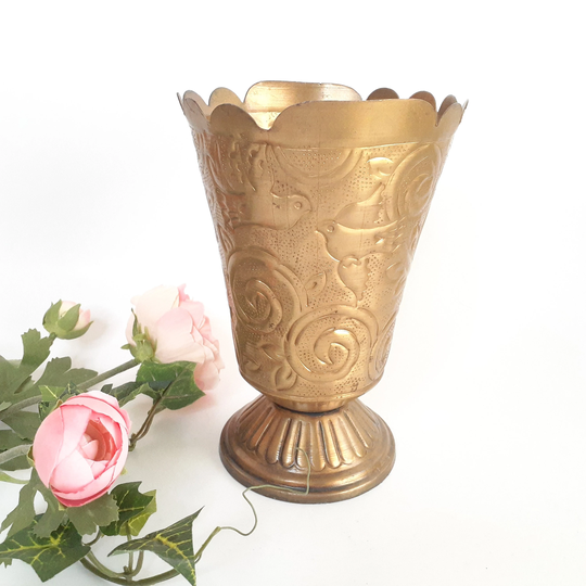 Bird Motif Vintage Brass Vase Or Pot Planter 7