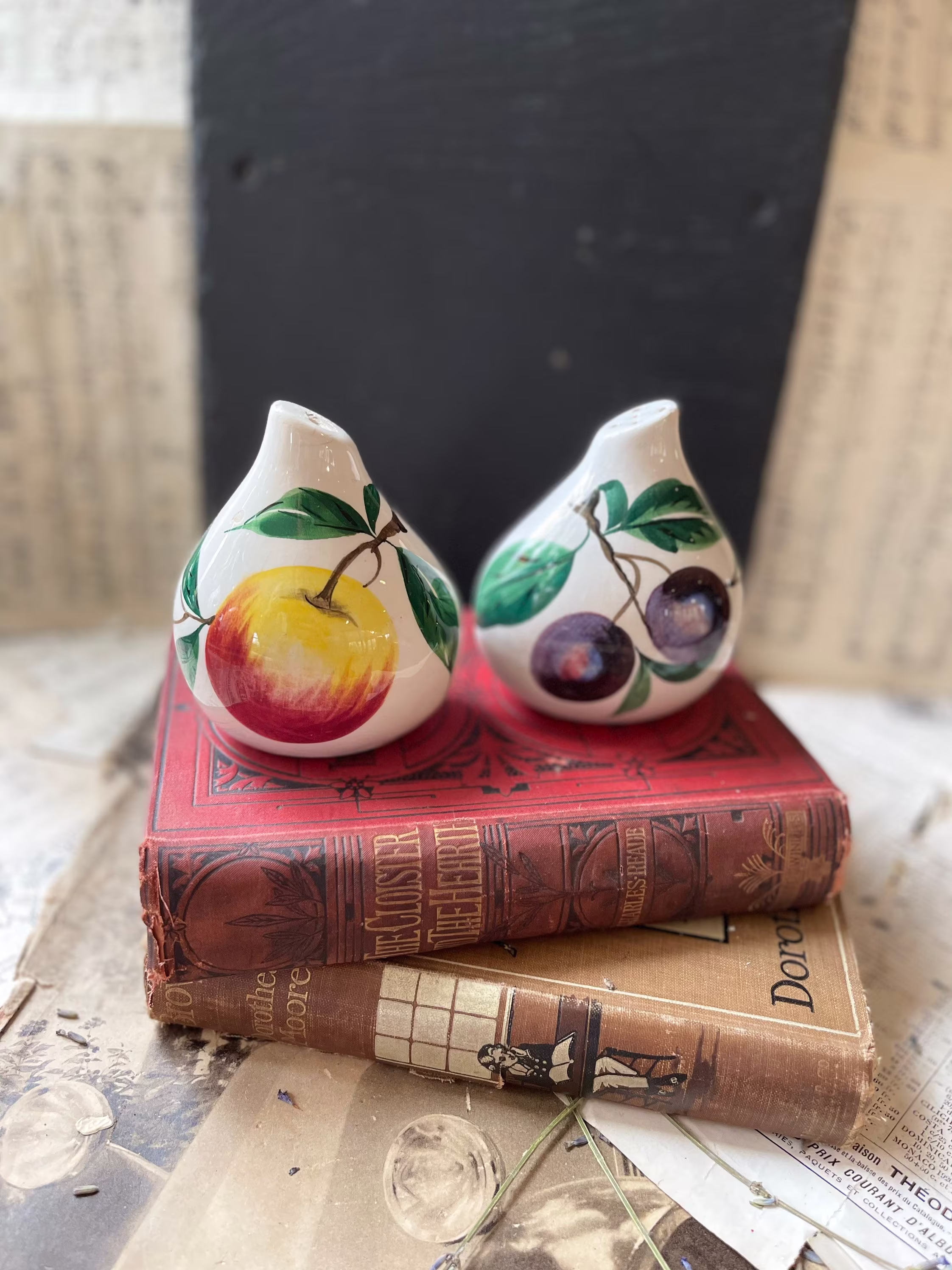 Vintage Italian Hand Painted Ceramic Salt & Pepper Pots With Fruit Design Of Plums Apples
