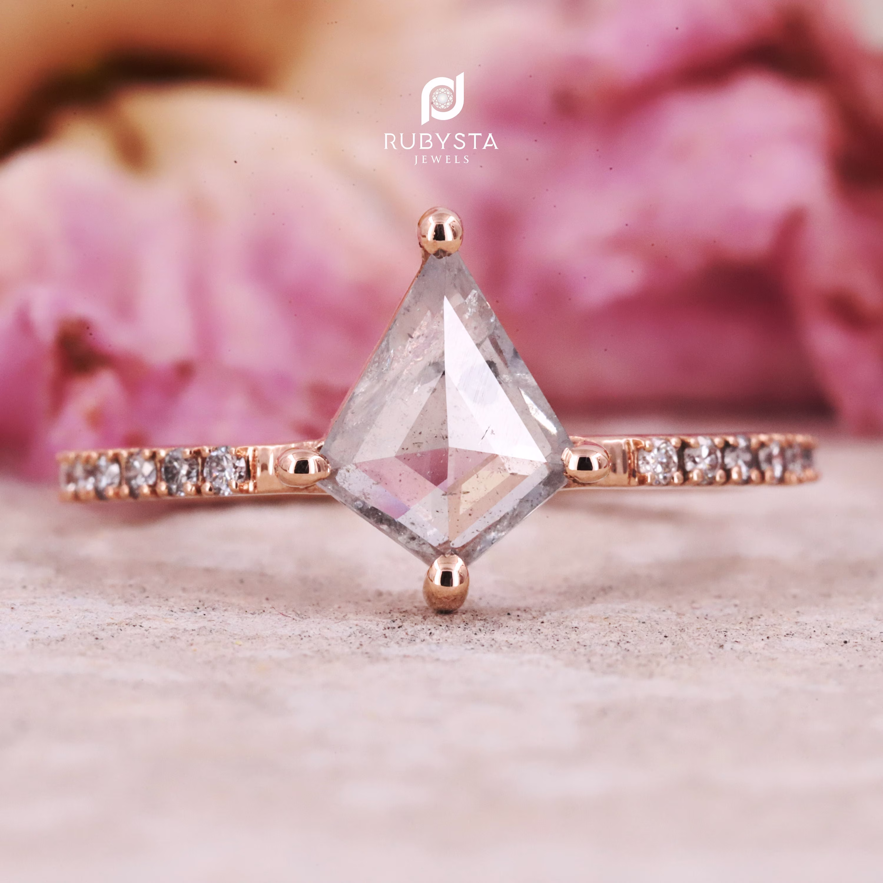 Elegant Salt & Pepper Kite Diamond Ring With Round Prongs - Unique Eye Catching Engagement Wedding Ring Bridal Set