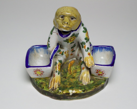 Rare Antique 19Thc. Keller Et Guerin St. Clement Faience Monkey Cruet Open Salt Mustard