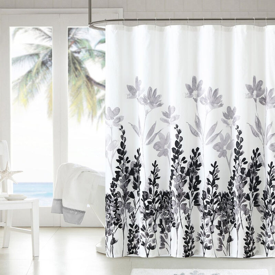 Shower Curtain Floral Border Herbs and Wild Flowers Botanical Vintage Engraving Black Waterproof Polyester Fabric 72 x 72 Inches Set with Hooks