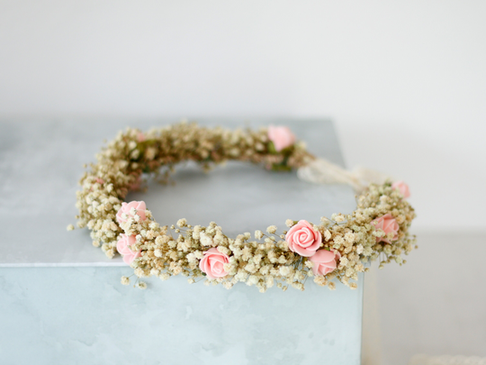 Dried Baby's Breath Floral Crown For Wedding, Blush Rose Crown, Baby Headband, Dainty Flower Headband