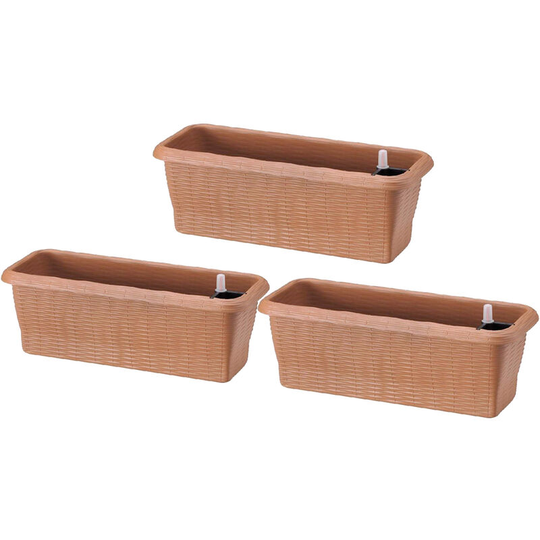 Straw - Set of 3 self-watering planters for indoor and outdoor use. Set of 3 flower boxes 40x20x17,5h with self-watering system colour terracotta