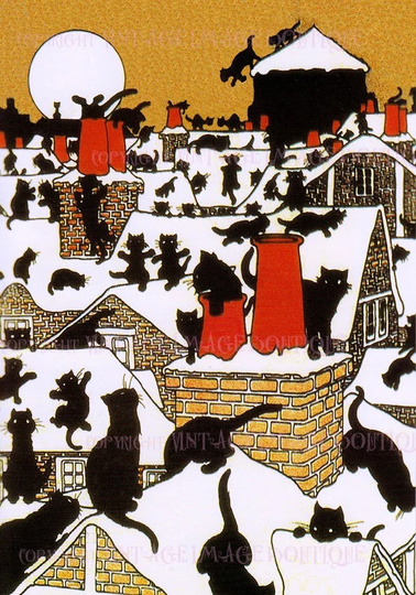 Adorable 1930's Illustration Of Black Cats On Snow Covered Roofs Christmas Season Winter Solstice Holiday 5x7 Greeting Card