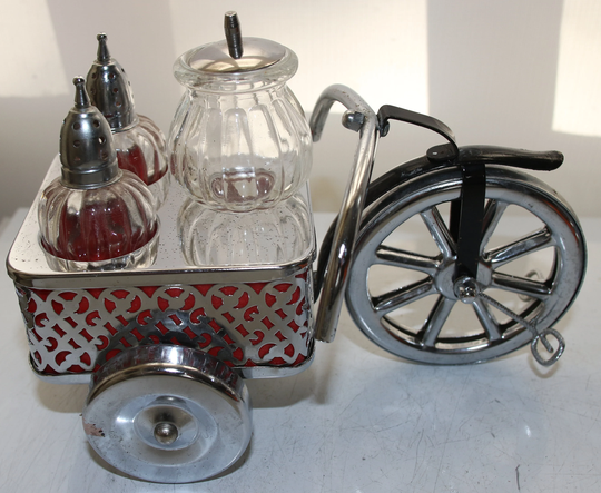 Vintage Glass Cruet Set in Caddy - Salt, Pepper & Mustard