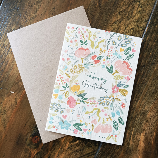 Flower Pattern Happy Birthday Plantable Wildflower Seed Greeting Gift Card Floral, A6, Recycled, Compostable, Zero Waste. Vida Natural