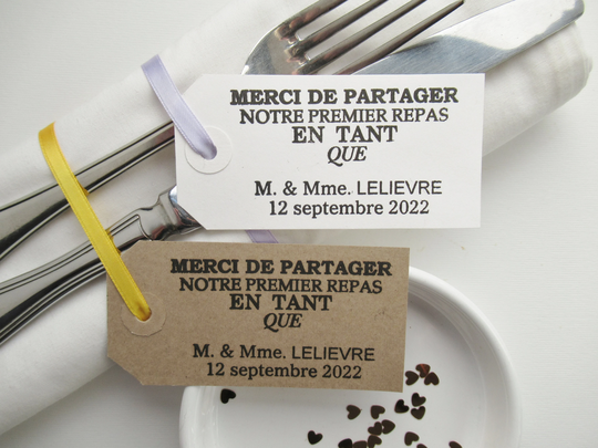 French Wedding Table Decorations, Napkin Holder Tags, Personalized Thank You For Sharing Our First Meal As Mr & Mrs