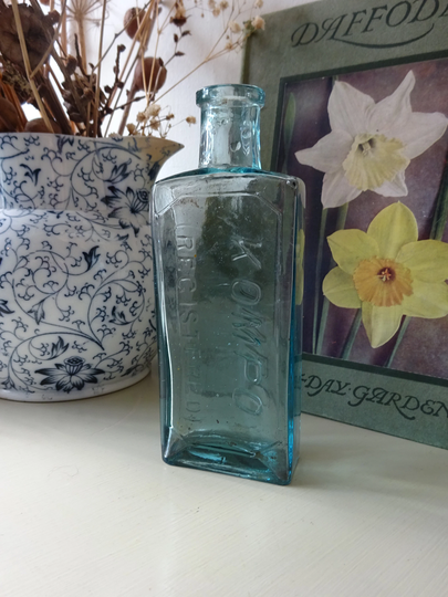 Victorian Aqua Kompo Medicine Bottle. Embossed Antique Flu, Cold, Cough Cure Bottle, Bud Vase, Vintage Bottles, Old Chemist Bottle